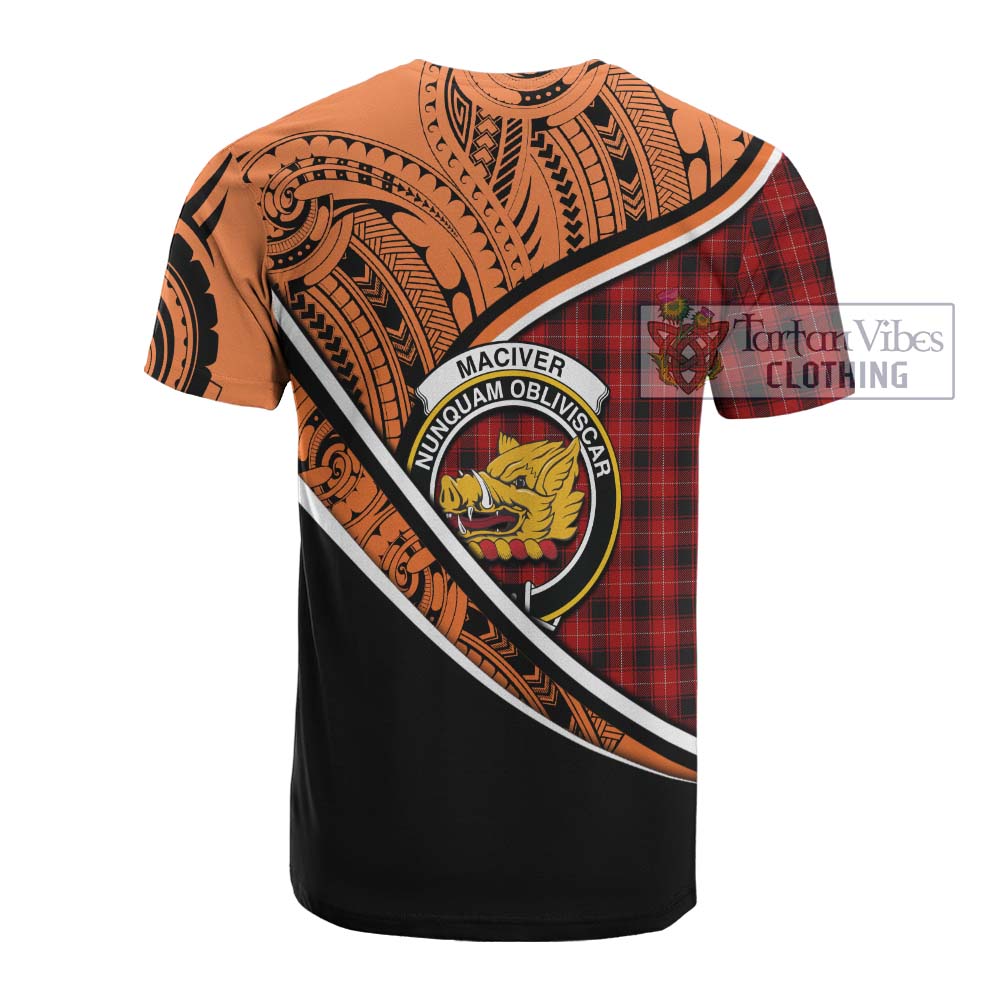 Tartan Vibes Clothing MacIver (McIver) Crest Tartan Cotton T-shirt with Maori Tattoo Style - Orange Version