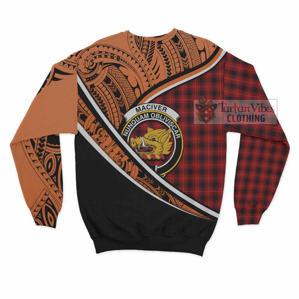 Tartan Vibes Clothing MacIver (McIver) Crest Tartan Sweatshirt with Maori Tattoo Style - Orange Version