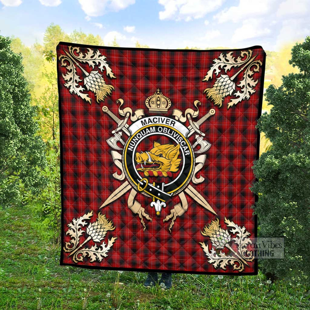 Tartan Vibes Clothing MacIver (McIver) Tartan Quilt with Family Crest and Scottish Golden Courage Shield