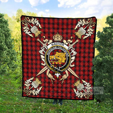 MacIver (McIver) Tartan Quilt with Family Crest and Golden Thistle Crossed Sword Design