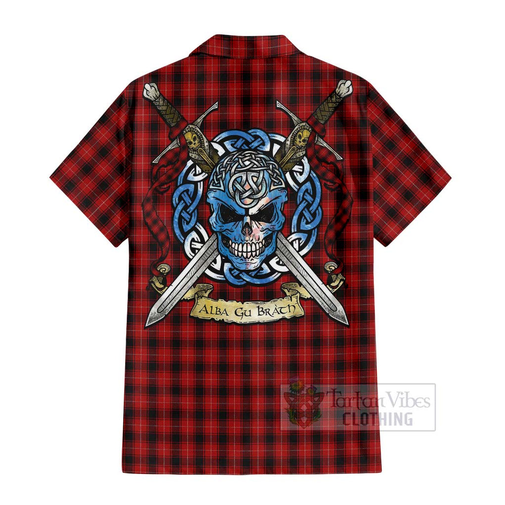 Tartan Vibes Clothing MacIver (McIver) Tartan Short Sleeve Button Shirt with Family Crest Celtic Skull Style