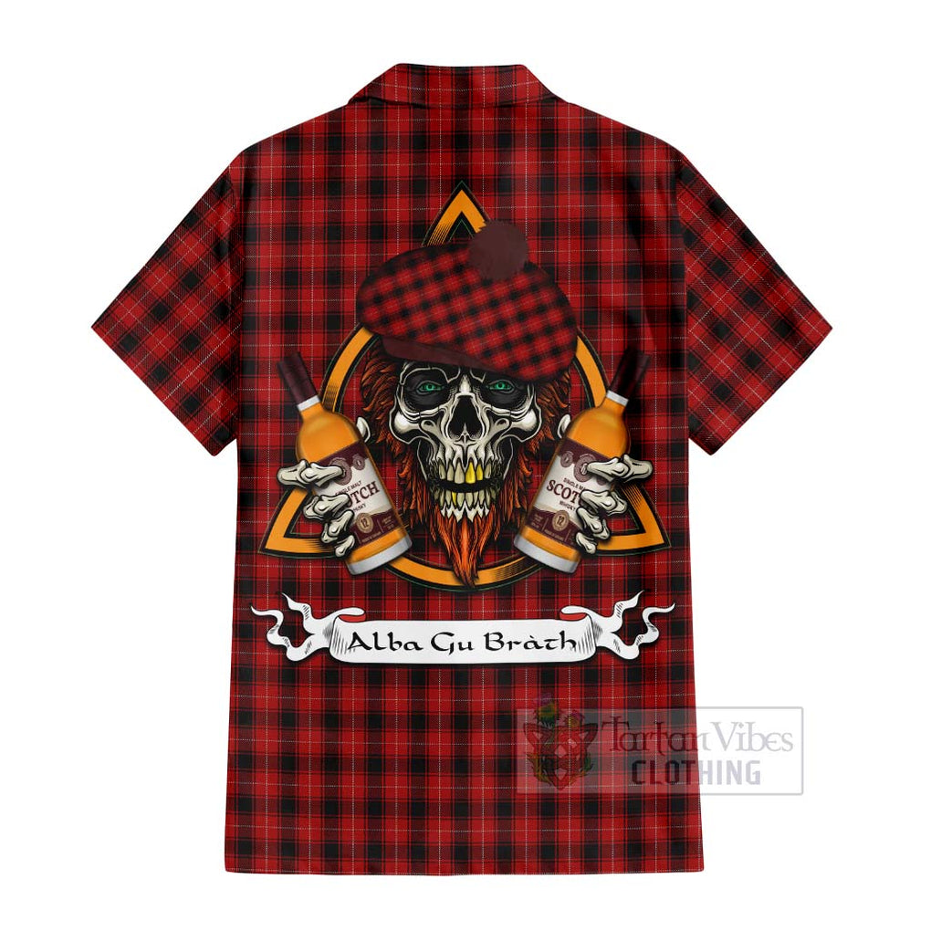 Tartan Vibes Clothing MacIver (McIver) Tartan Short Sleeve Button Shirt with Family Crest and Bearded Skull Holding Bottles of Whiskey