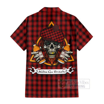 MacIver (McIver) Tartan Short Sleeve Button Shirt with Family Crest and Bearded Skull Holding Bottles of Whiskey