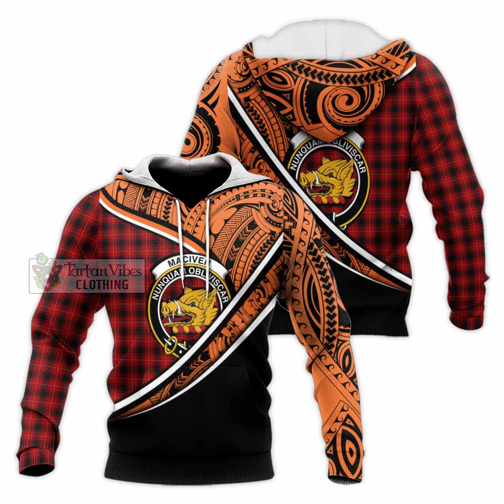 Tartan Vibes Clothing MacIver (McIver) Crest Tartan Knitted Hoodie with Maori Tattoo Style - Orange Version