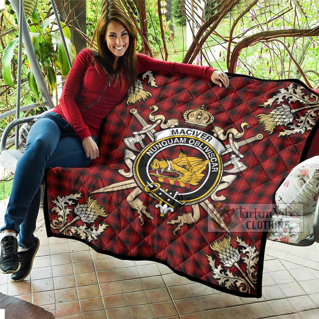 Tartan Vibes Clothing MacIver (McIver) Tartan Quilt with Family Crest and Scottish Golden Courage Shield