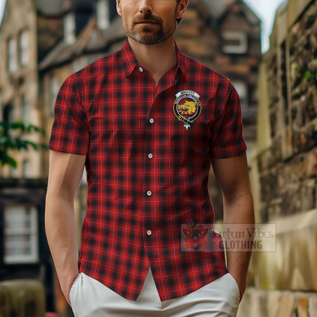 Tartan Vibes Clothing MacIver (McIver) Tartan Short Sleeve Button Shirt with Family Crest and Bearded Skull Holding Bottles of Whiskey