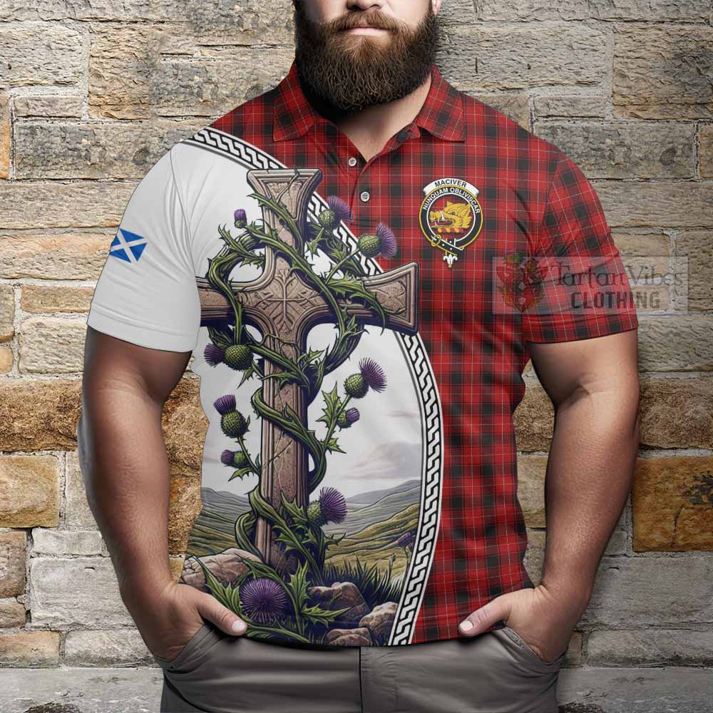 Tartan Vibes Clothing MacIver (McIver) Tartan Polo Shirt with Family Crest and St. Andrew's Cross Accented by Thistle Vines