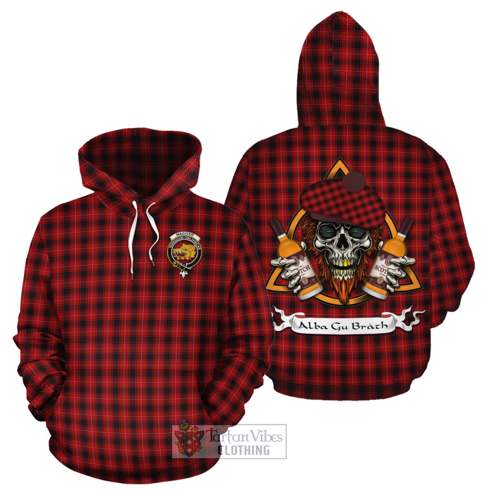 Tartan Vibes Clothing MacIver (McIver) Tartan Cotton Hoodie with Family Crest and Bearded Skull Holding Bottles of Whiskey