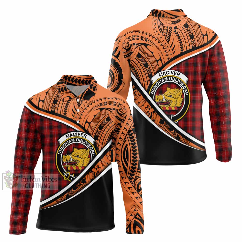 Tartan Vibes Clothing MacIver (McIver) Crest Tartan Long Sleeve Polo Shirt with Maori Tattoo Style - Orange Version