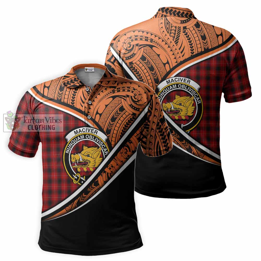 Tartan Vibes Clothing MacIver (McIver) Crest Tartan Polo Shirt with Maori Tattoo Style - Orange Version