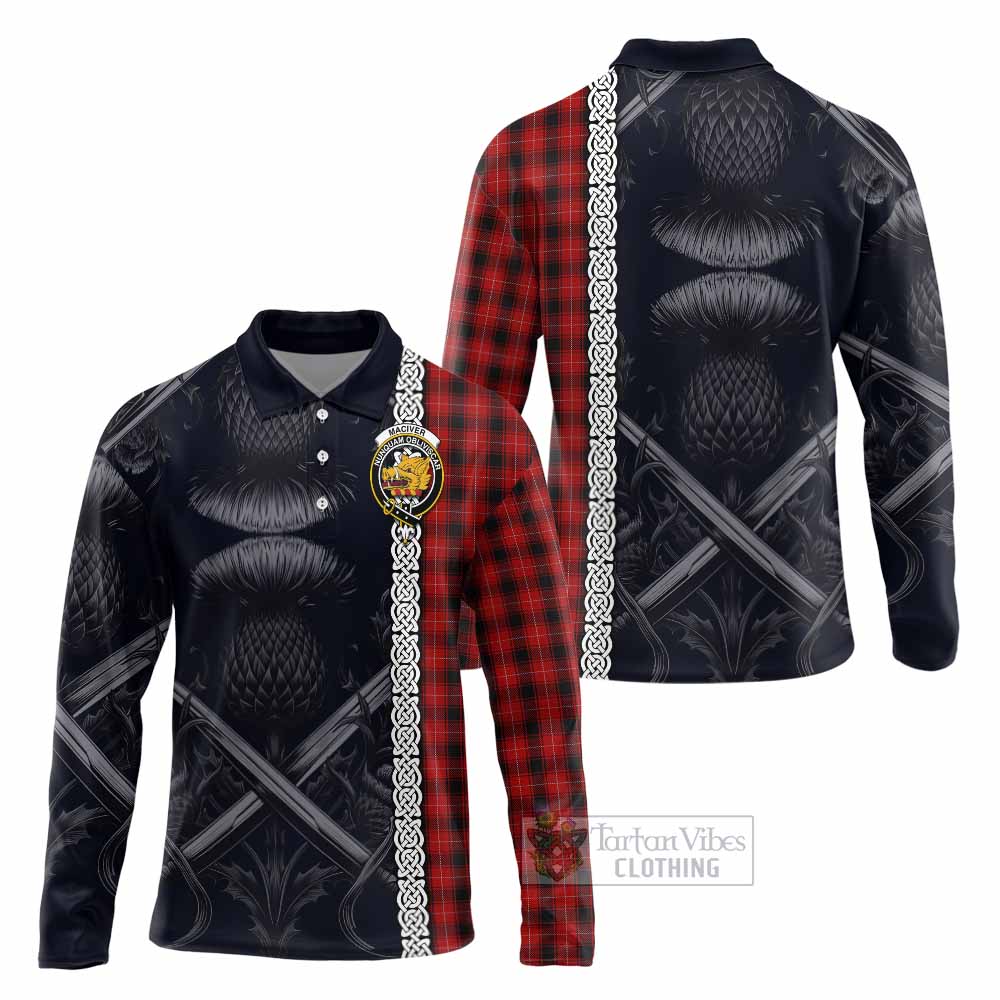 Tartan Vibes Clothing MacIver (McIver) Tartan Long Sleeve Polo Shirt with Family Crest Cross Sword Thistle Celtic Vibes