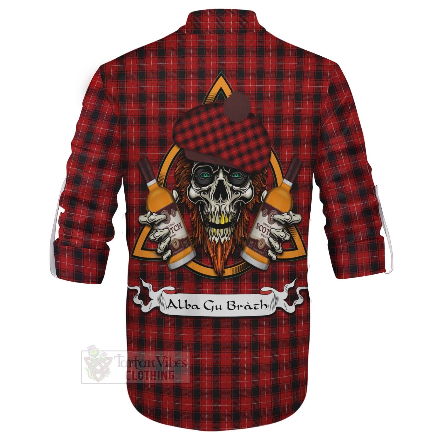 Tartan Vibes Clothing MacIver (McIver) Tartan Ghillie Kilt Shirt with Family Crest and Bearded Skull Holding Bottles of Whiskey