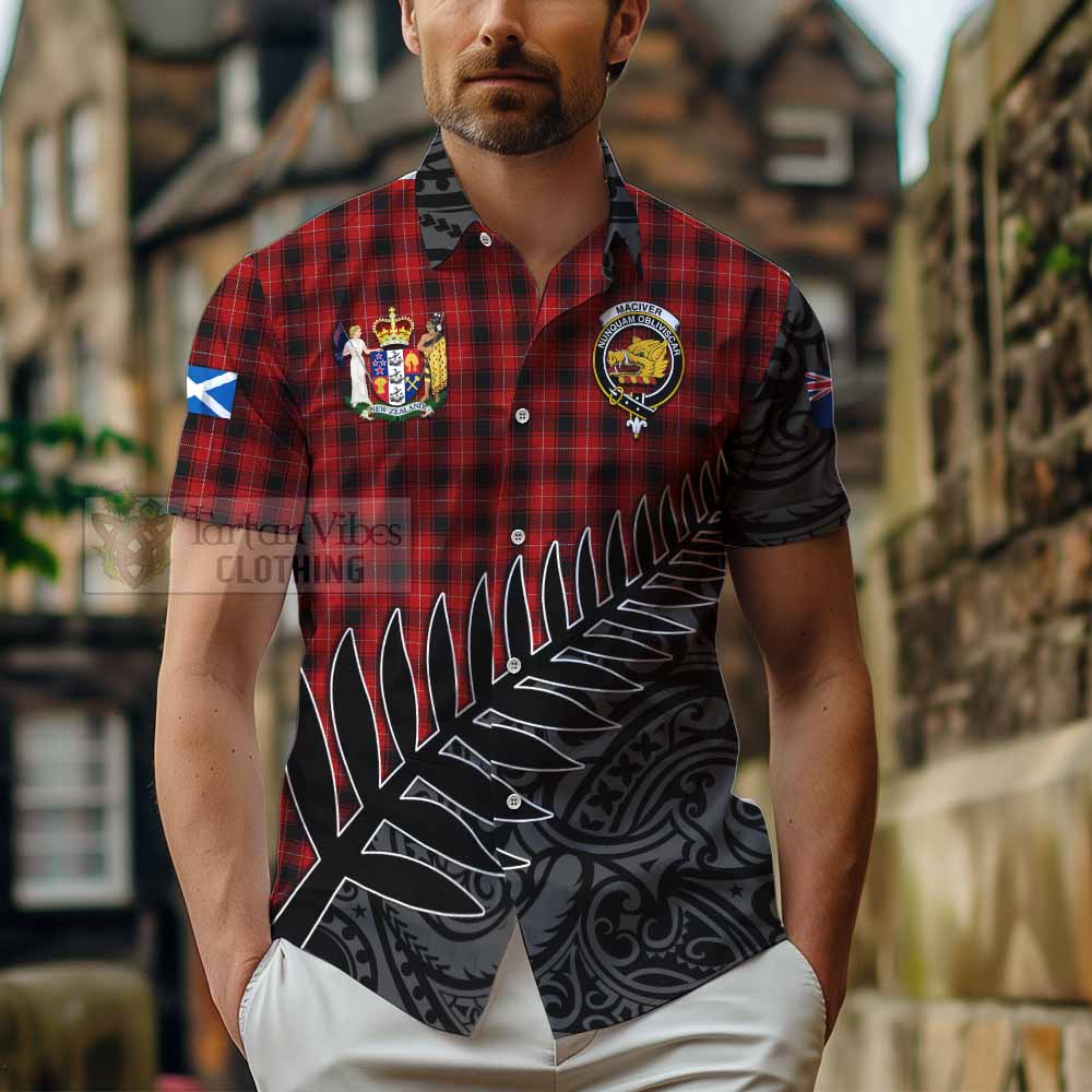 Tartan Vibes Clothing MacIver (McIver) Crest Tartan Short Sleeve Button Shirt with New Zealand Silver Fern Half Style