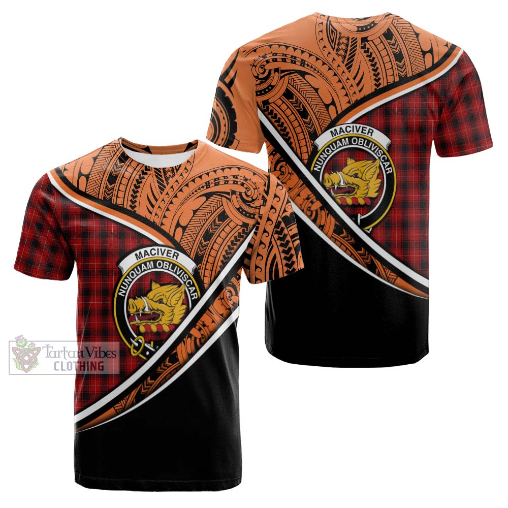 Tartan Vibes Clothing MacIver (McIver) Crest Tartan Cotton T-shirt with Maori Tattoo Style - Orange Version