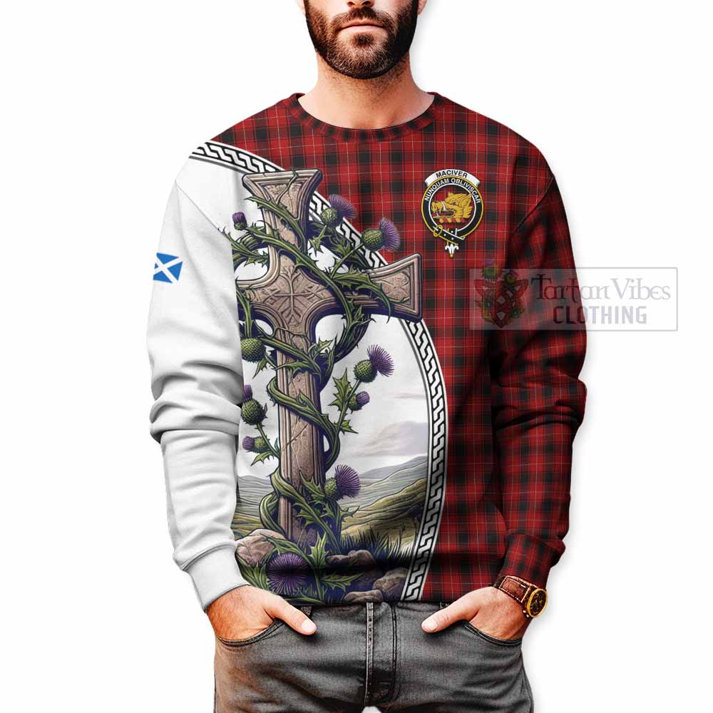 Tartan Vibes Clothing MacIver (McIver) Tartan Sweatshirt with Family Crest and St. Andrew's Cross Accented by Thistle Vines