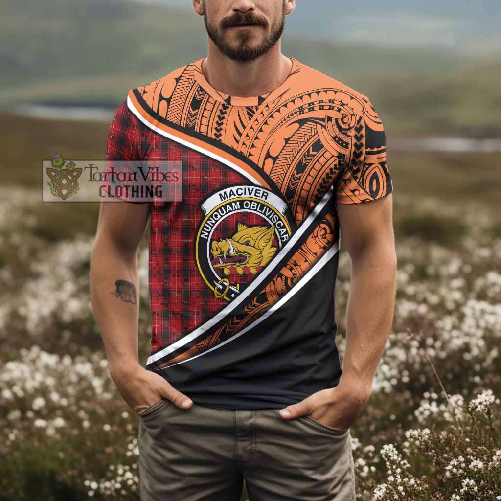 Tartan Vibes Clothing MacIver (McIver) Crest Tartan T-Shirt with Maori Tattoo Style - Orange Version