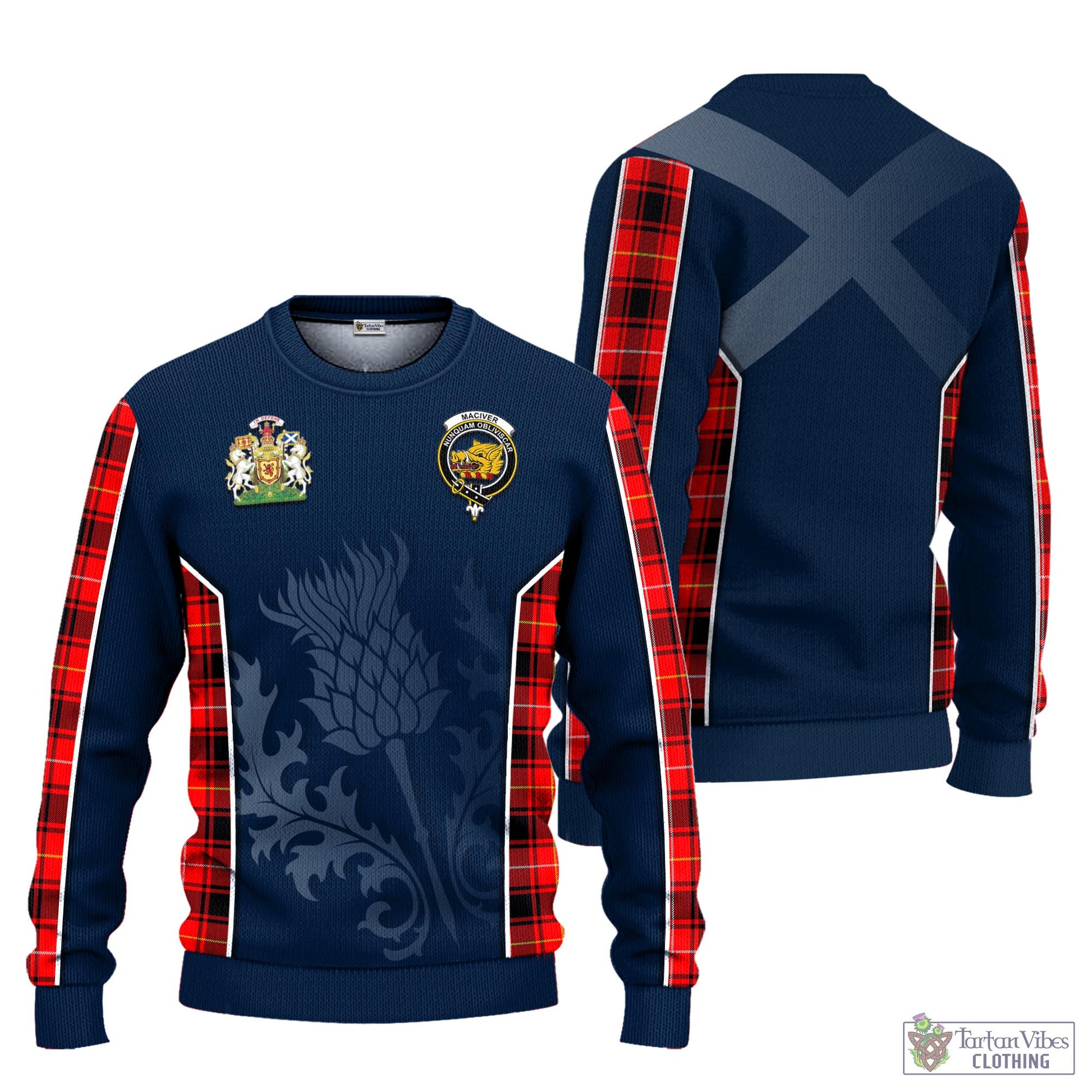 Tartan Vibes Clothing MacIver Modern Tartan Knitted Sweatshirt with Family Crest and Scottish Thistle Vibes Sport Style