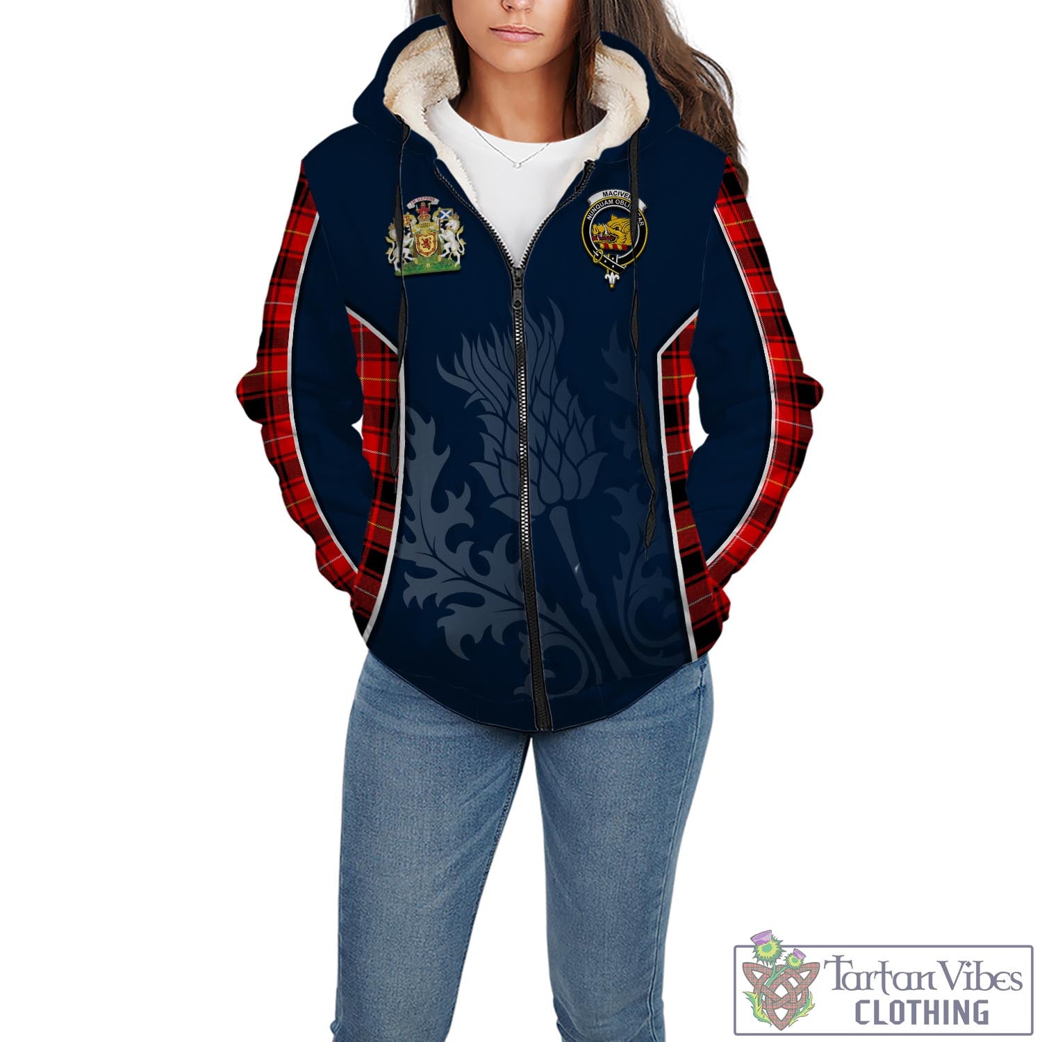 Tartan Vibes Clothing MacIver Modern Tartan Sherpa Hoodie with Family Crest and Scottish Thistle Vibes Sport Style