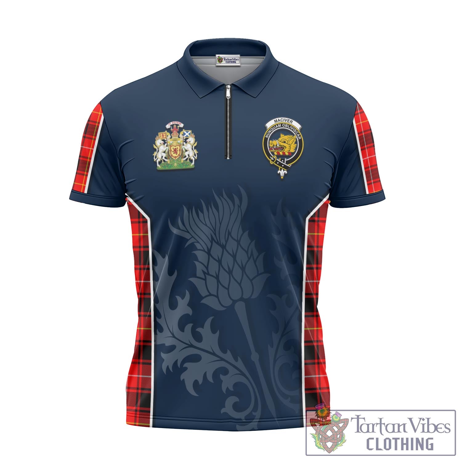 Tartan Vibes Clothing MacIver Modern Tartan Zipper Polo Shirt with Family Crest and Scottish Thistle Vibes Sport Style