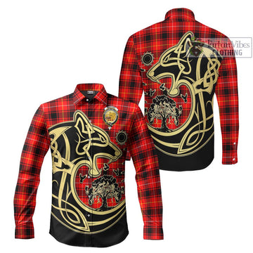 MacIver Modern Tartan Long Sleeve Button Shirt with Family Crest Celtic Wolf Style