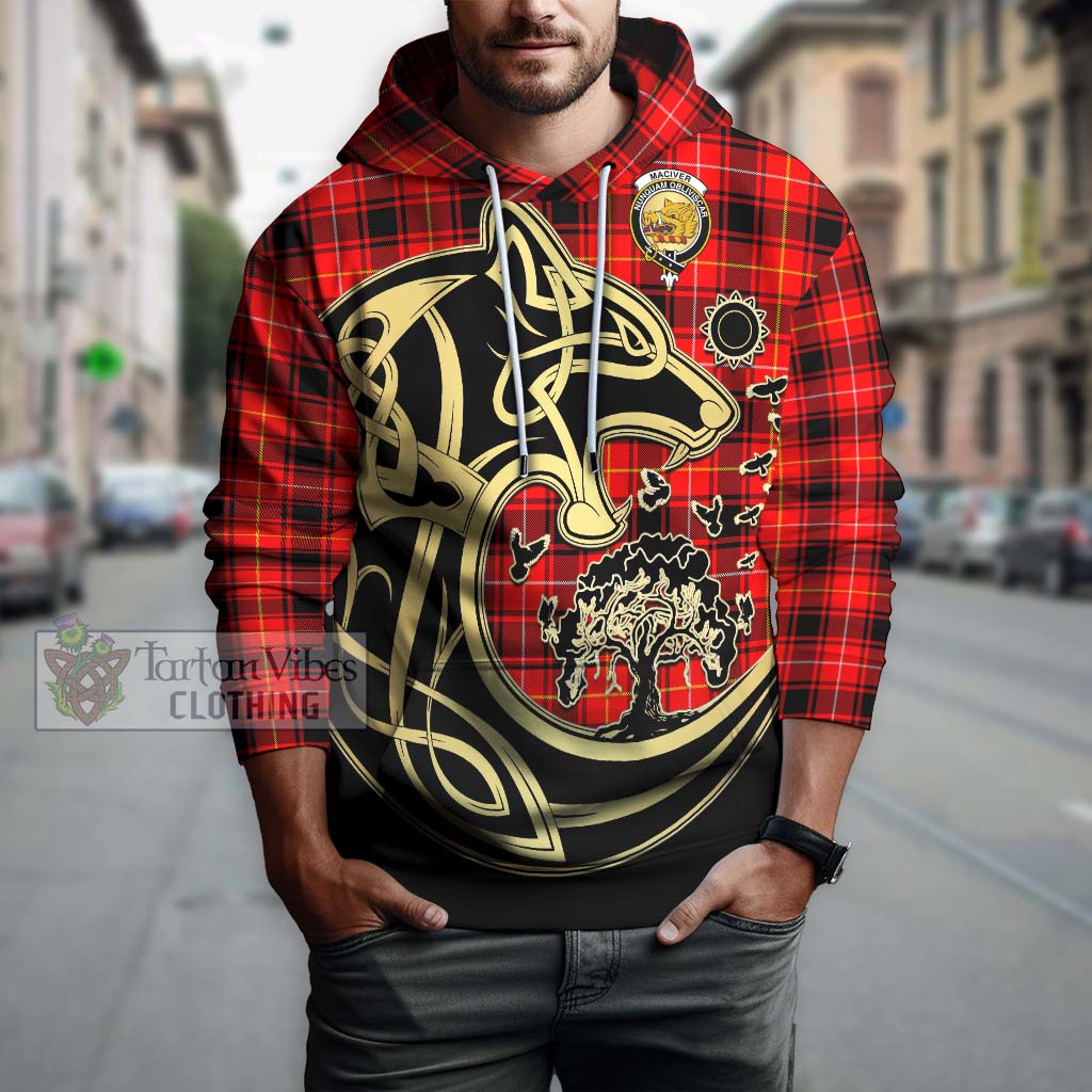 Tartan Vibes Clothing MacIver Modern Tartan Hoodie with Family Crest Celtic Wolf Style