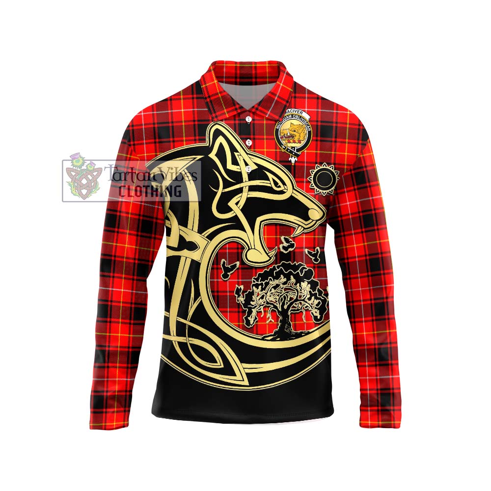 MacIver Modern Tartan Long Sleeve Polo Shirt with Family Crest Celtic Wolf Style Unisex - Tartanvibesclothing Shop