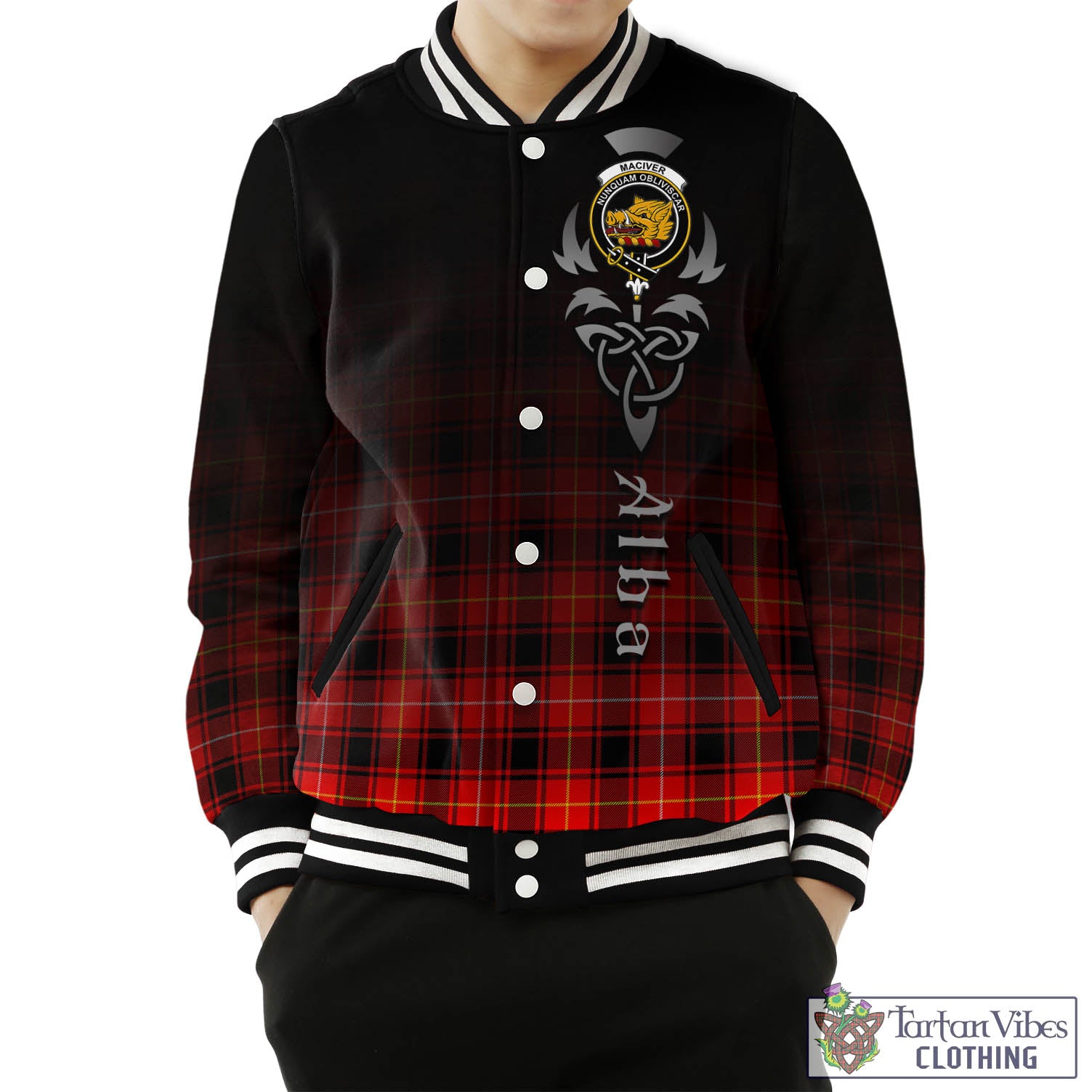 Tartan Vibes Clothing MacIver Modern Tartan Baseball Jacket Featuring Alba Gu Brath Family Crest Celtic Inspired