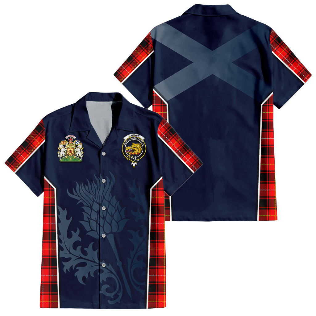 Tartan Vibes Clothing MacIver Modern Tartan Short Sleeve Button Up Shirt with Family Crest and Scottish Thistle Vibes Sport Style