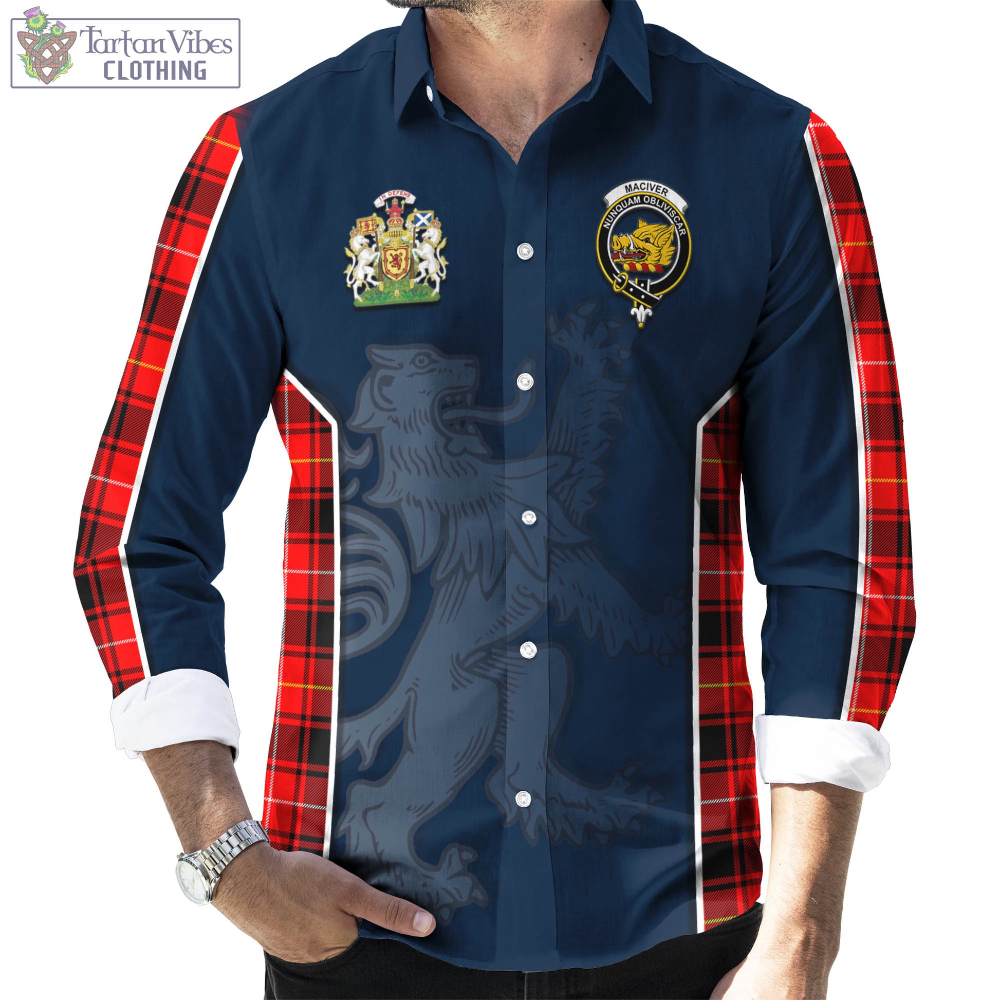 Tartan Vibes Clothing MacIver Modern Tartan Long Sleeve Button Up Shirt with Family Crest and Lion Rampant Vibes Sport Style