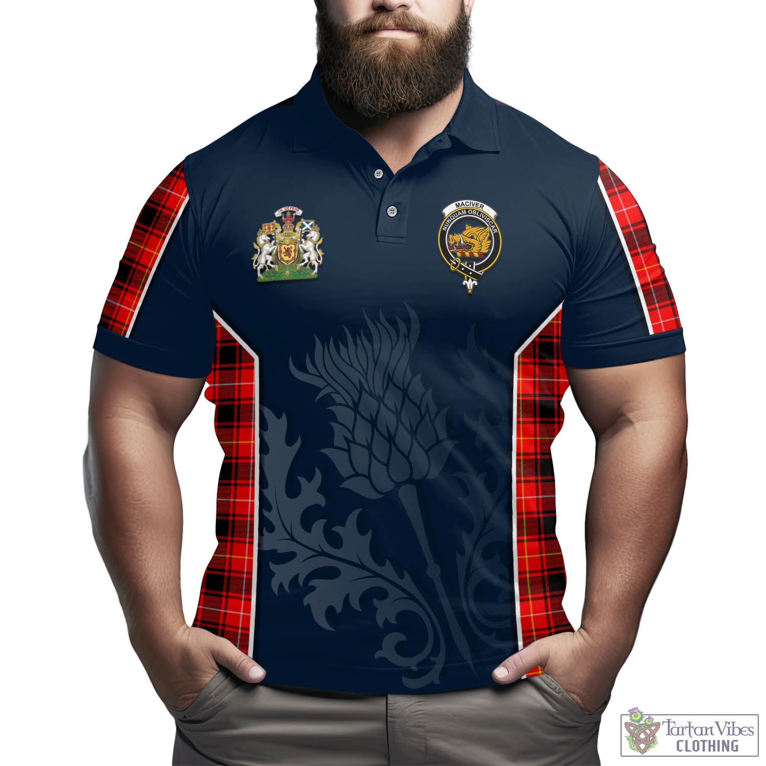 Tartan Vibes Clothing MacIver Modern Tartan Men's Polo Shirt with Family Crest and Scottish Thistle Vibes Sport Style