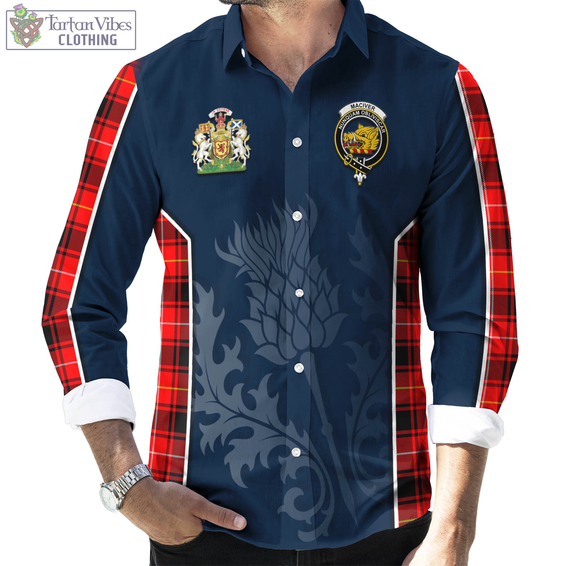 Tartan Vibes Clothing MacIver Modern Tartan Long Sleeve Button Up Shirt with Family Crest and Scottish Thistle Vibes Sport Style