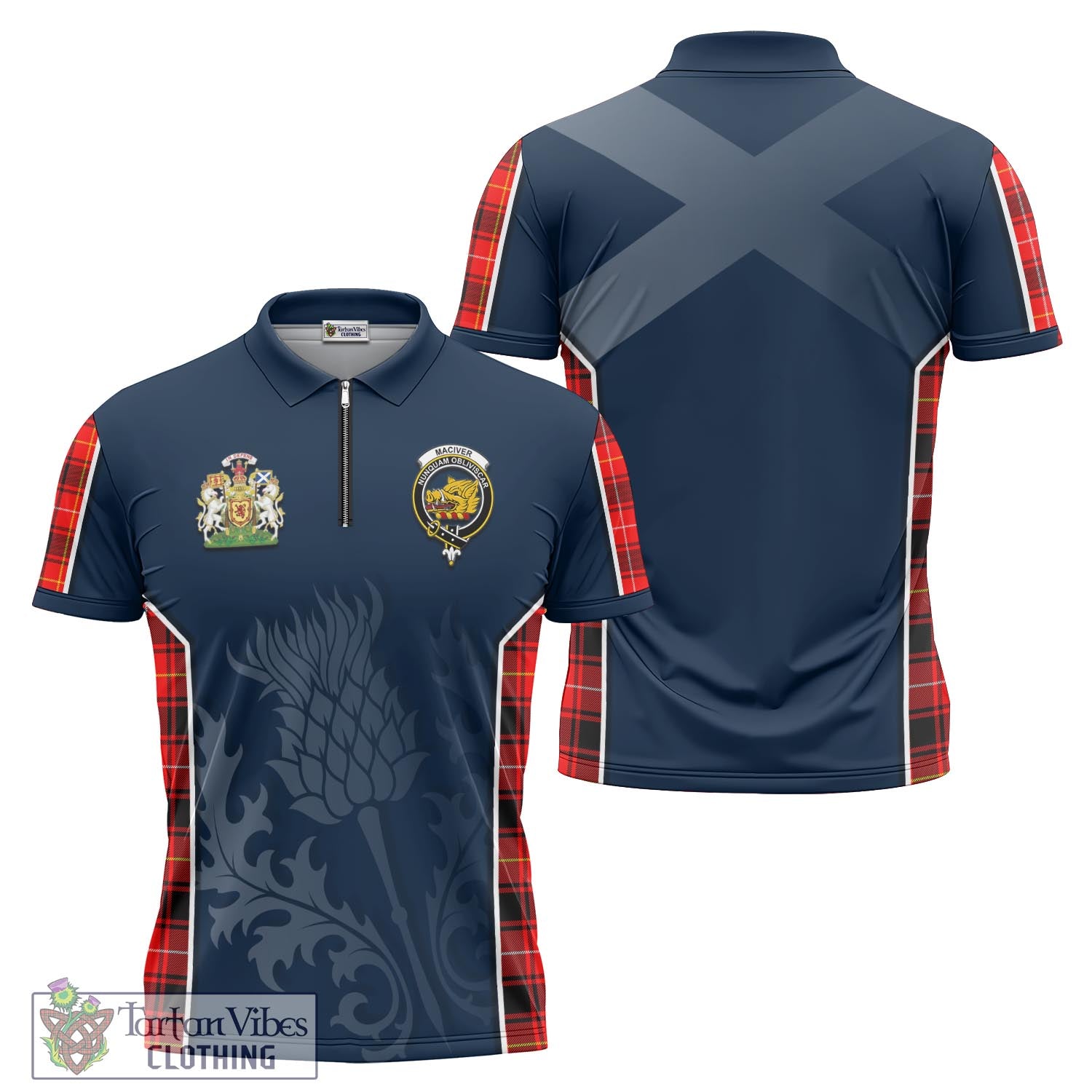 Tartan Vibes Clothing MacIver Modern Tartan Zipper Polo Shirt with Family Crest and Scottish Thistle Vibes Sport Style