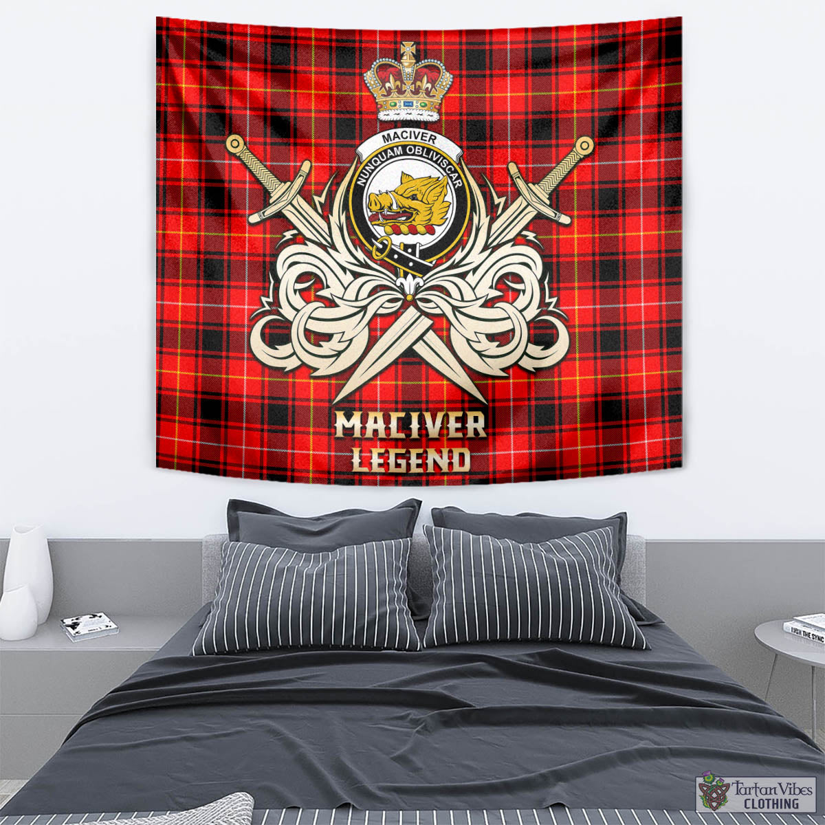 Tartan Vibes Clothing MacIver Modern Tartan Tapestry with Clan Crest and the Golden Sword of Courageous Legacy