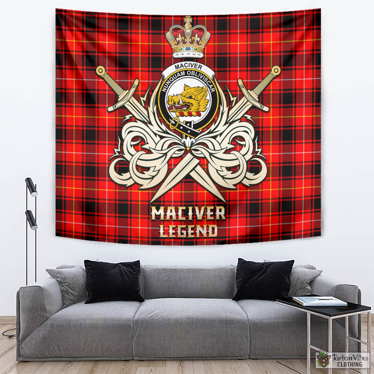 Tartan Vibes Clothing MacIver Modern Tartan Tapestry with Clan Crest and the Golden Sword of Courageous Legacy