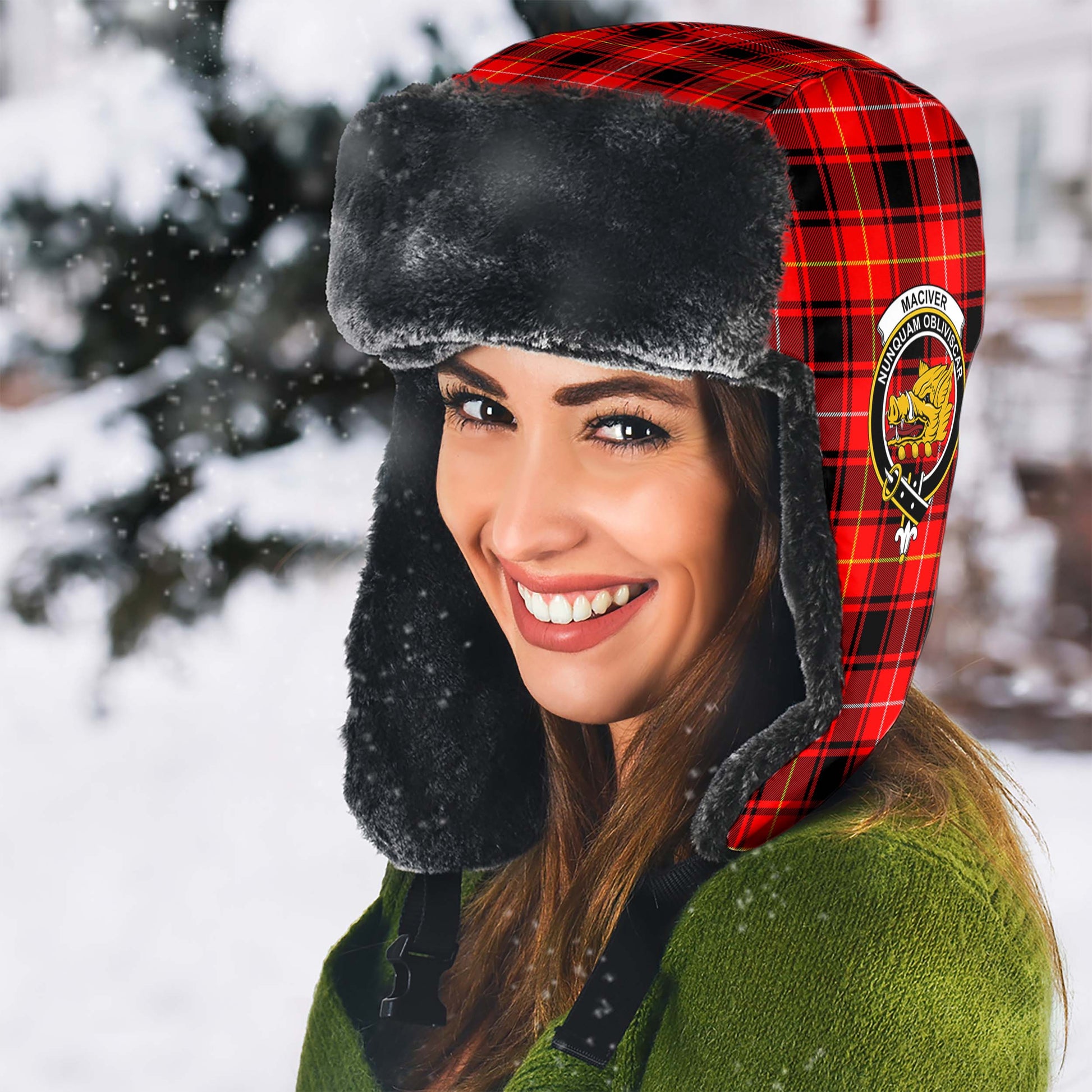 MacIver Modern Tartan Winter Trapper Hat with Family Crest - Tartanvibesclothing