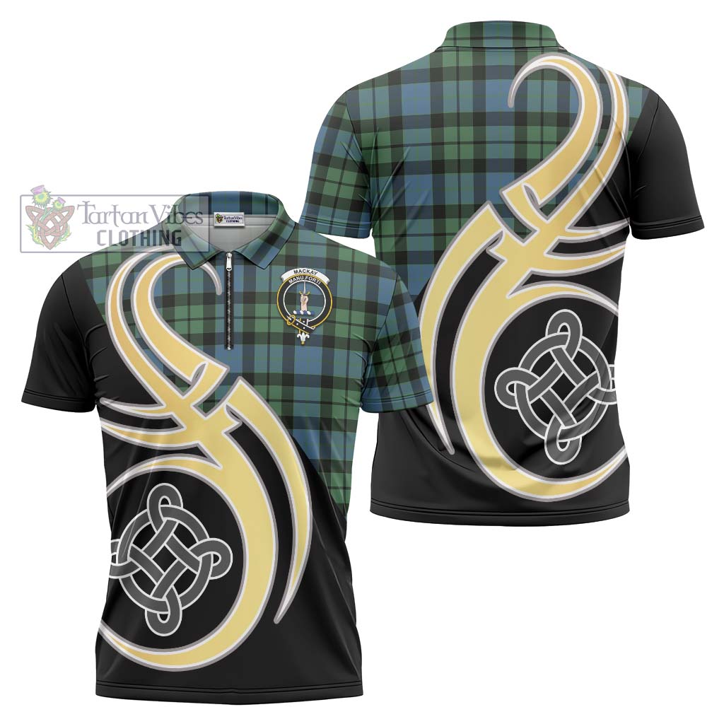 Tartan Vibes Clothing MacKay Ancient Tartan Zipper Polo Shirt with Family Crest and Celtic Symbol Style