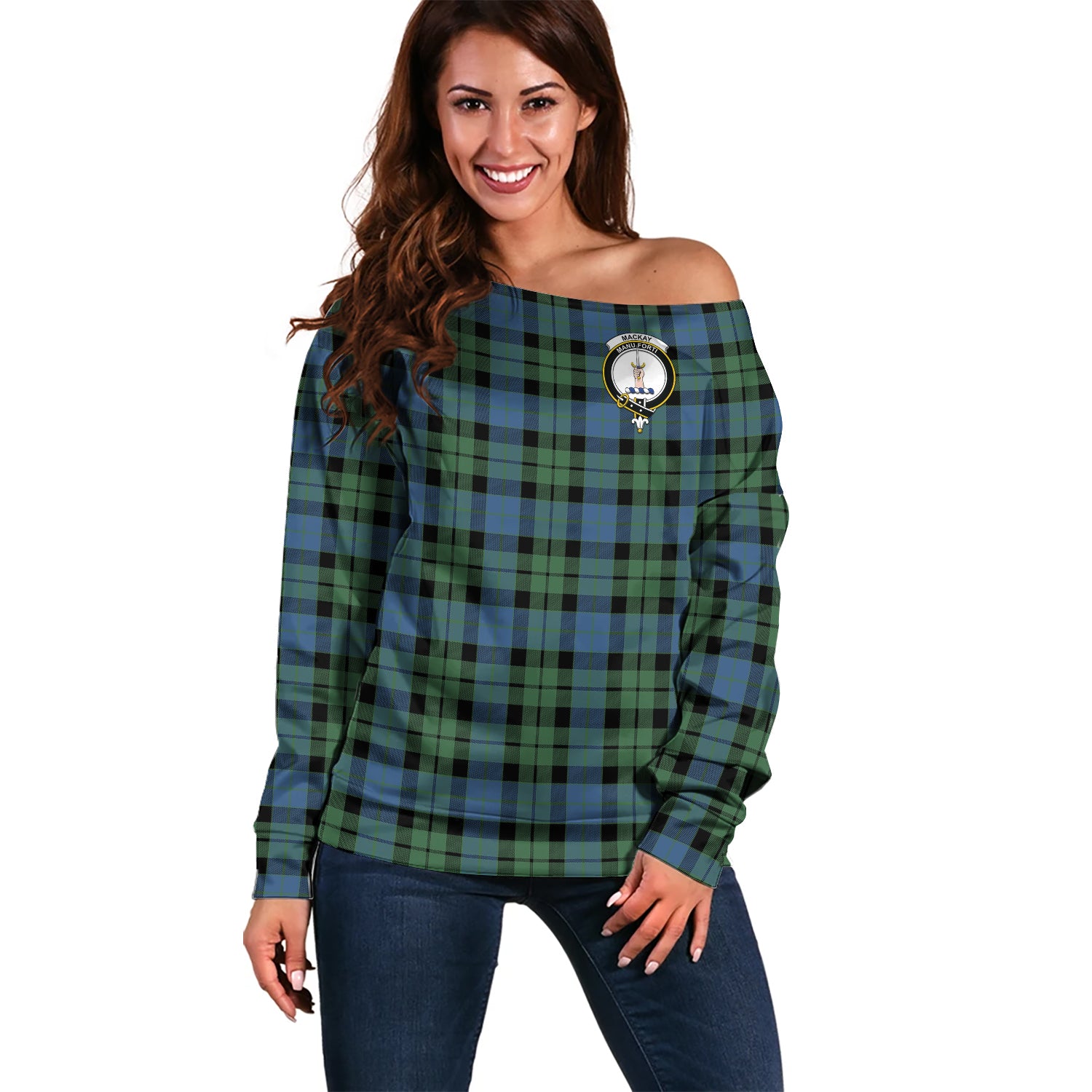 MacKay Ancient Tartan Off Shoulder Women Sweater with Family Crest Women - Tartanvibesclothing