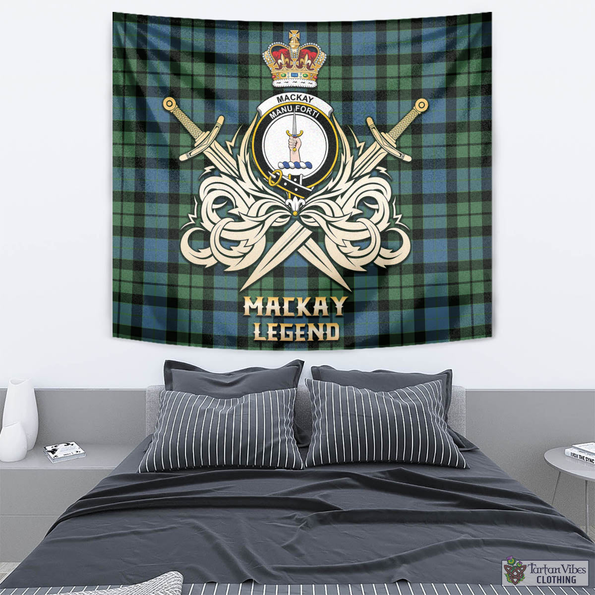 Tartan Vibes Clothing MacKay Ancient Tartan Tapestry with Clan Crest and the Golden Sword of Courageous Legacy