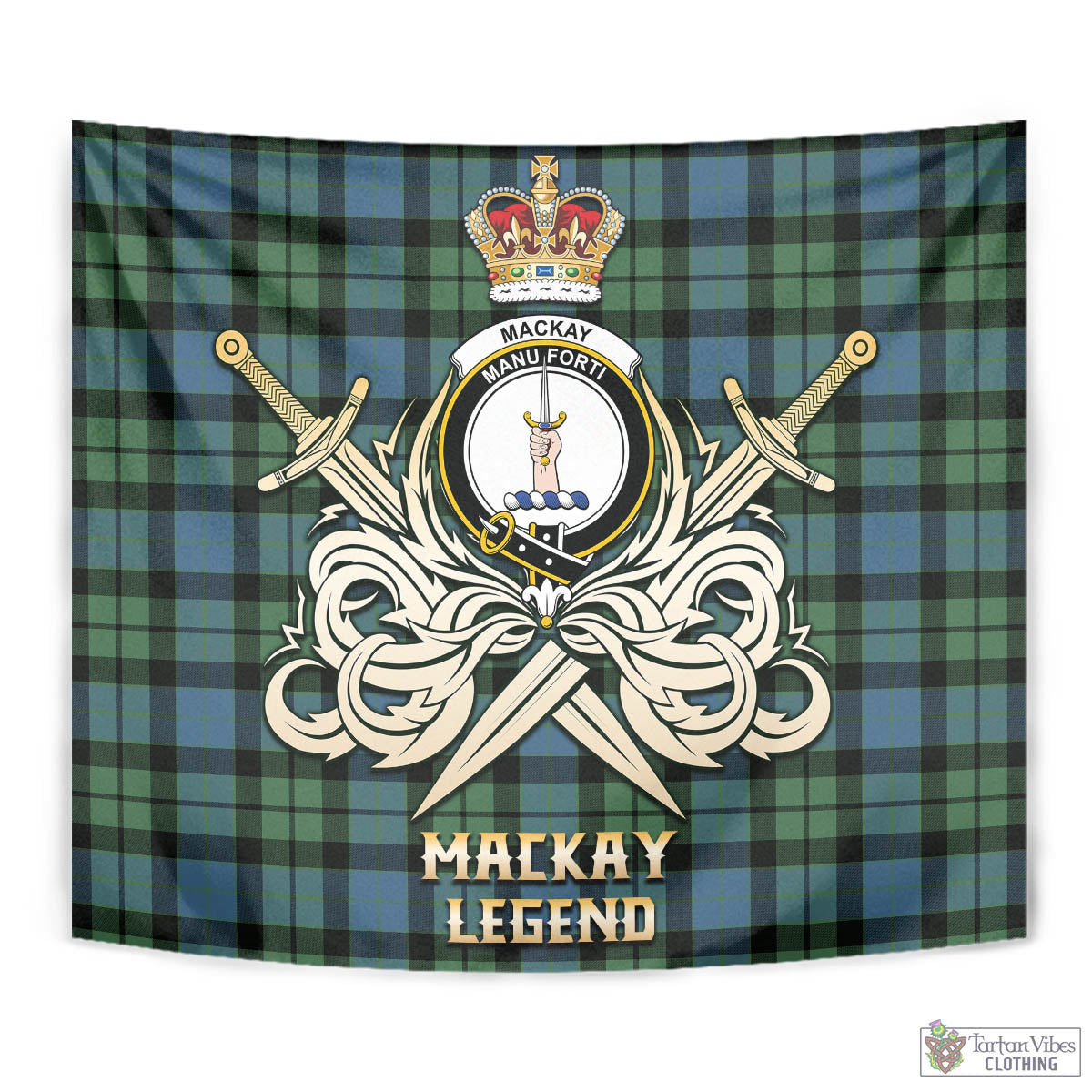 Tartan Vibes Clothing MacKay Ancient Tartan Tapestry with Clan Crest and the Golden Sword of Courageous Legacy