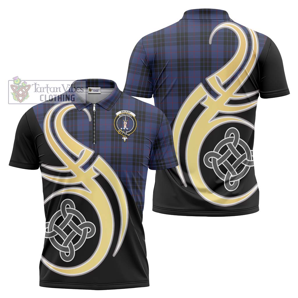 Tartan Vibes Clothing MacKay Blue #02 Tartan Zipper Polo Shirt with Family Crest and Celtic Symbol Style