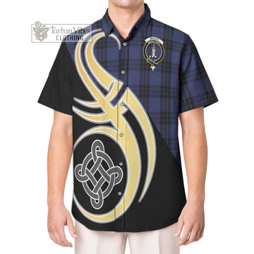 MacKay Blue #02 Tartan Short Sleeve Button Shirt with Family Crest and Celtic Symbol Style