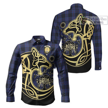 MacKay Blue #02 Tartan Long Sleeve Button Shirt with Family Crest Celtic Wolf Style