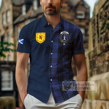 MacKay Blue #02 Tartan Short Sleeve Button Shirt Alba with Scottish Lion Royal Arm Half Style