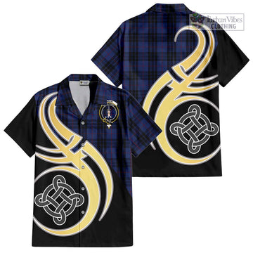 MacKay Blue #02 Tartan Short Sleeve Button Shirt with Family Crest and Celtic Symbol Style