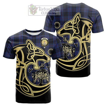 MacKay Blue #02 Tartan Cotton T-shirt with Family Crest Celtic Wolf Style