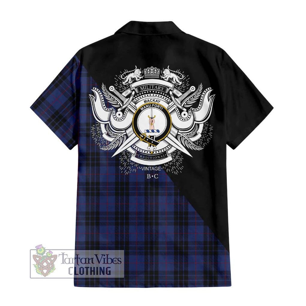 Tartan Vibes Clothing MacKay Blue #02 Tartan Short Sleeve Button Shirt with Family Crest and Military Logo Style