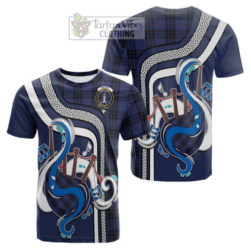 MacKay Blue #02 Tartan Cotton T-shirt with Epic Bagpipe Style