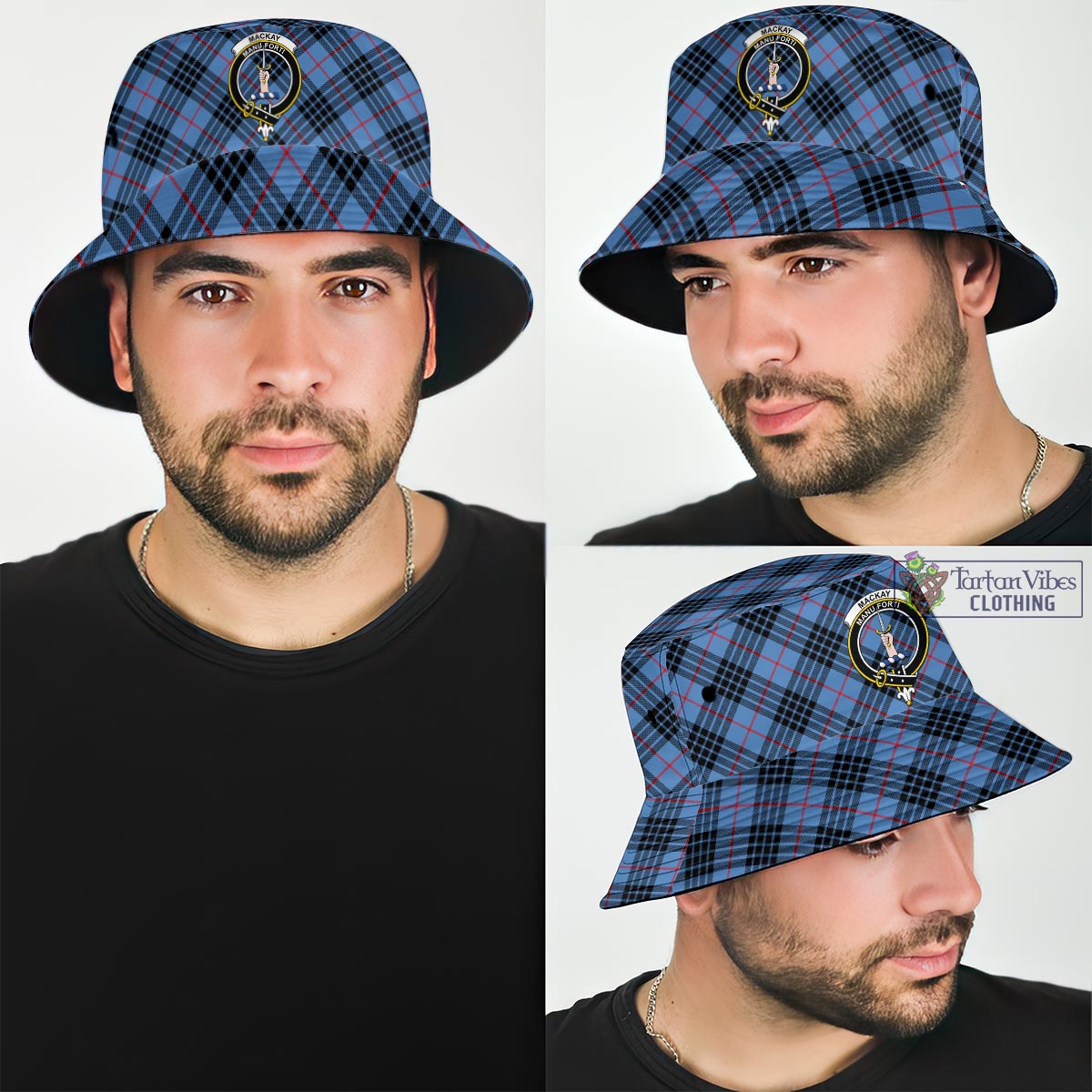 Tartan Vibes Clothing MacKay Blue Tartan Bucket Hat with Family Crest