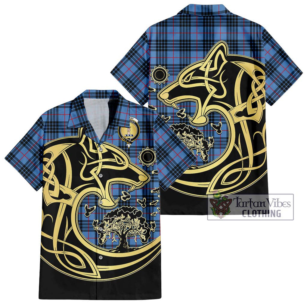 MacKay Blue Tartan Short Sleeve Button Shirt with Family Crest Celtic Wolf Style Kid - Tartan Vibes Clothing