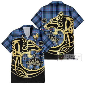 MacKay Blue Tartan Short Sleeve Button Shirt with Family Crest Celtic Wolf Style